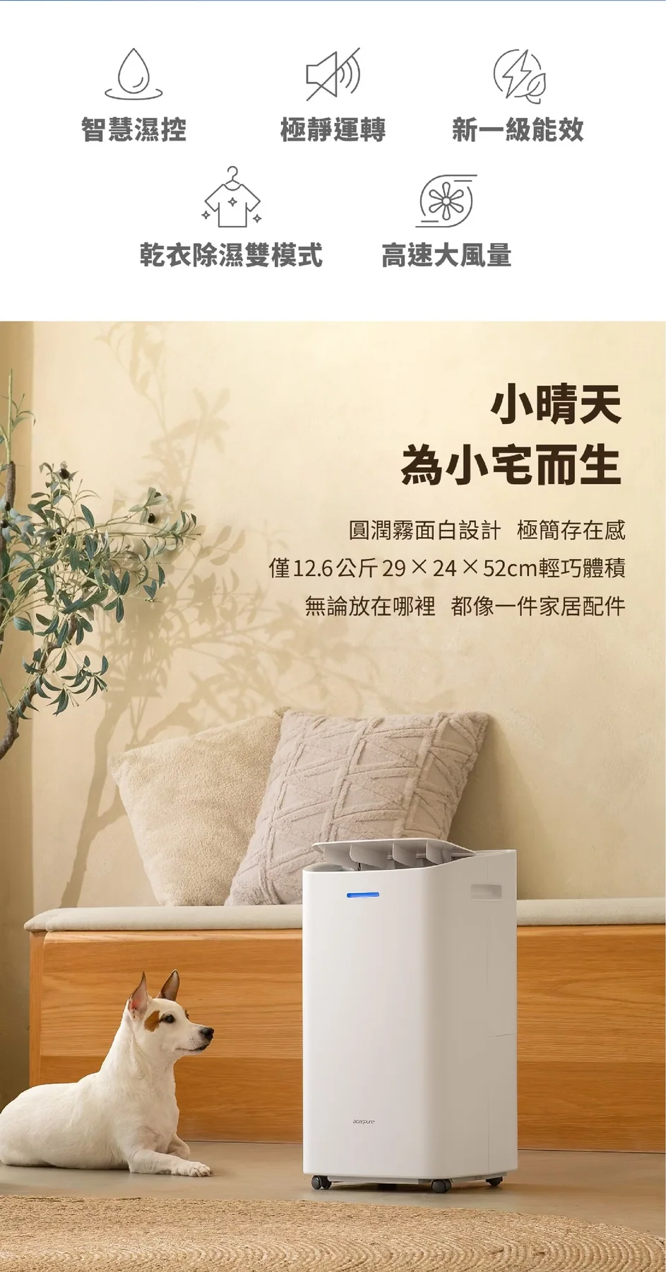 acerpure DRY AD1 除濕機官方側面產品圖,示意檢查機身與電源線周邊安全空間
