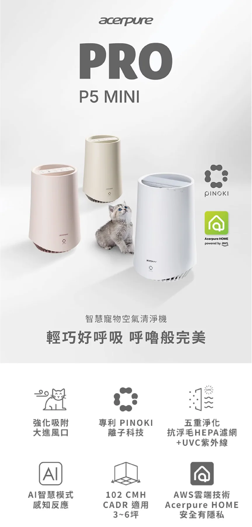 acerpure PRO P5 MINI AP315-30W 官方產品圖，展示小型寵物空氣清淨機機身