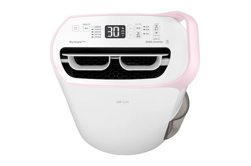 LG PuriCare MD161QPE0 16L 粉紅除濕機官方產品圖,示意高水氣負荷但固定不搬的長者臥室配置