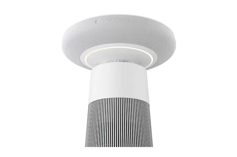 LG PuriCare AeroSpeaker AS201SHU0 官方俯視圖，展示圓形無線充電面板