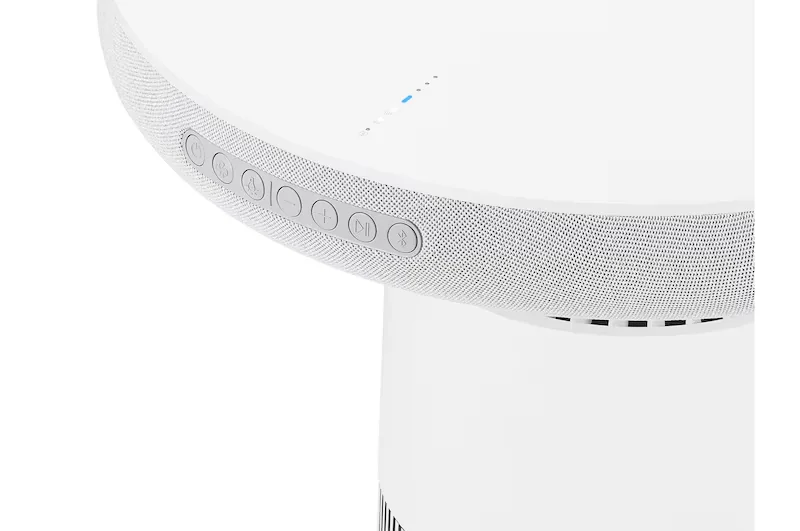 LG PuriCare AeroSpeaker AS201SHU0 官方產品圖，展示揚聲器格柵與 LED 環形燈